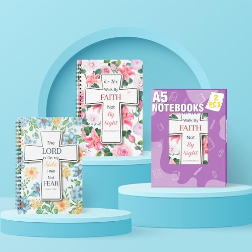 Xqumoi 2Pack A5 Floral Cross Religious Spiral Notebooks - Bible Verses Writing Notebooks, Ruled Lined Journal, Inspirational Christian Christmas Gift, Sunday School Supply (Pink & Blue) - style: D-Pink Blue Floral