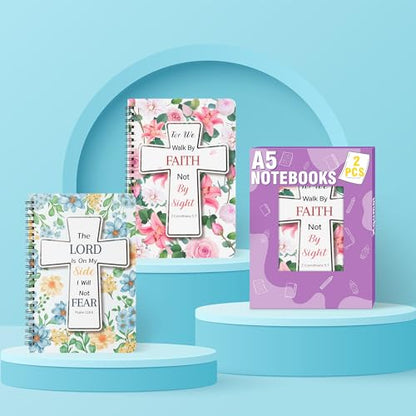 Xqumoi 2Pack A5 Floral Cross Religious Spiral Notebooks - Bible Verses Writing Notebooks, Ruled Lined Journal, Inspirational Christian Christmas Gift, Sunday School Supply (Pink & Blue) - style: D-Pink Blue Floral