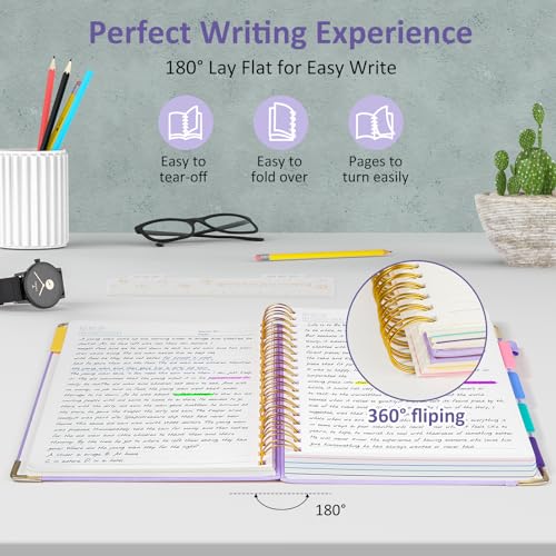 Hardcover Spiral Notebook Journal with Removable PVC Dividers - 8'' x 10'' Large 100 GSM Paper B5 Notebooks with Tabs, 300 Pages Leather 5 Subject Notebook College Ruled for Work School Notes, Purple - color: Purple