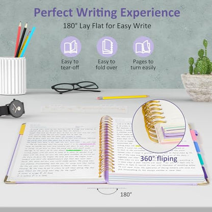Hardcover Spiral Notebook Journal with Removable PVC Dividers - 8'' x 10'' Large 100 GSM Paper B5 Notebooks with Tabs, 300 Pages Leather 5 Subject Notebook College Ruled for Work School Notes, Purple - color: Purple