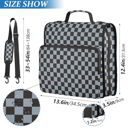 Dark Blue Black Checkered Binder Bag 3 Ring Zipper Binders with Shoulder Strap for School Office Organizer Storage - color: Q014