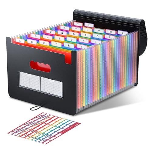 ThinkTex Accordion File Organizer, 26 Pockets Expanding File Folders | Colorful Tabs, Monthly Bill Receipt Documents Organizer, Letter/A4 Size for School, Home and Office, Classroom Must Haves - color: Black 26 Pockets 6tab