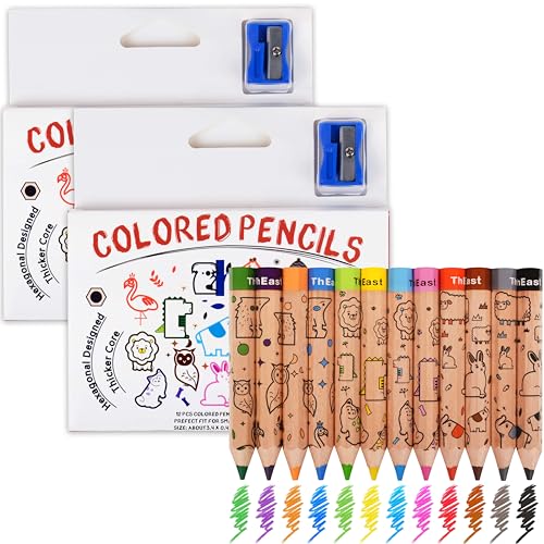 ThEast Short Toddlers Colored Pencils, Thick Coloring Pencil for Children | 24 Cute Animal Pencils for Kids ages 3-12, Hexagonal Crayons with Sharpener, Pre-Sharpened(2 Sets of 12) - style: Wooden-24
