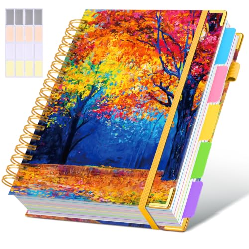 Hardcover Spiral Notebooks for Work, 300 Pages 5 Subject Notebook College Ruled with Dividers Tabs, 8"x10" Aesthetic Lined Spiral Journal for Women, 100GSM Large Cute Notebook for School,AutumnWoods - color: Autumnwoods