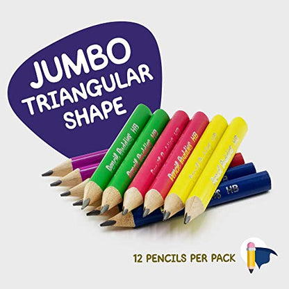 Short Jumbo Pencils for Kids, Preschoolers, Kindergarten, Toddlers & Beginners - 12 Fat #2 Pencils With Triangle Grip, 1 Sharpener & Eraser (Color DIY)