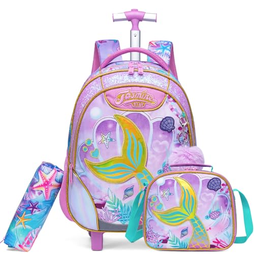Kids Rolling Backpack for Girls Mermaid Trolley Suitcases Luggage with Wheels Bookbag Wheeled 3pcs on Lunch Box Pencil Case Elementary Teenagers Pink for Girls Age 5-12 - color: Pink-0130-meirenyu