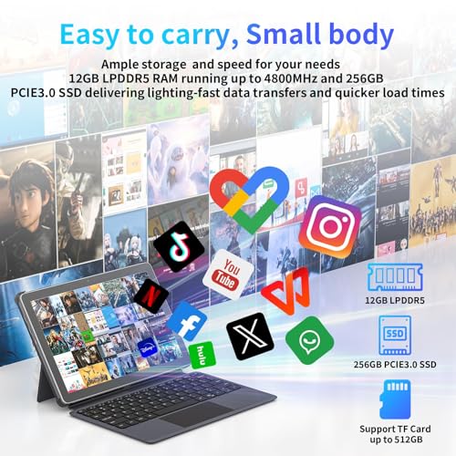 AWOW 10.1" Tablet with Keyboard, 2-in-1 Mini Laptop Tablet PC, Intel N150, 12GB RAM 256GB SSD, in-Cell Display, 36W PD Fast Charging, WiFi 6, BT 5.0, HDMI, Type-C, 8MP+5MP Camera