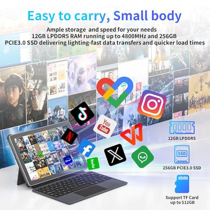 AWOW 10.1" Tablet with Keyboard, 2-in-1 Mini Laptop Tablet PC, Intel N150, 12GB RAM 256GB SSD, in-Cell Display, 36W PD Fast Charging, WiFi 6, BT 5.0, HDMI, Type-C, 8MP+5MP Camera