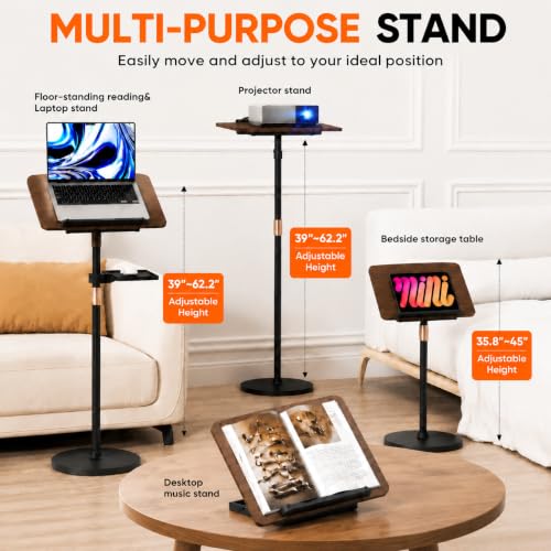 2-in-1 Adjustable Floor Book Stand & Laptop Holder | Detachable Desktop & Floor Use, 35"-62" Height Adjustable, Anti-Topple Heavy Base, 360° Swivel Panel, Hands-Free Reading