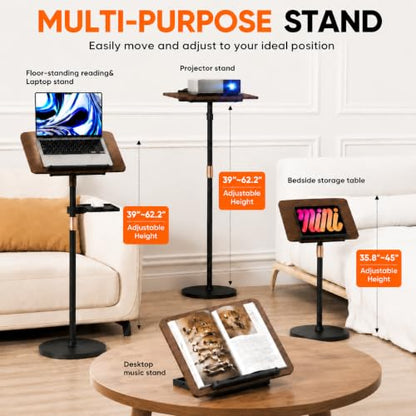 2-in-1 Adjustable Floor Book Stand & Laptop Holder | Detachable Desktop & Floor Use, 35"-62" Height Adjustable, Anti-Topple Heavy Base, 360° Swivel Panel, Hands-Free Reading