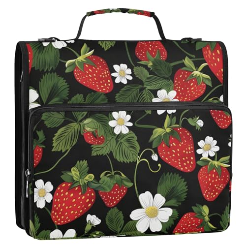Strawberry Fruit Flower 3 Ring Zipper Binder Bag Binder Organizer with Handle Shoulder Strap for School Work Office Supplies - color: Strawberry Fruit Flower