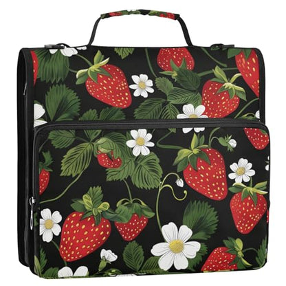 Strawberry Fruit Flower 3 Ring Zipper Binder Bag Binder Organizer with Handle Shoulder Strap for School Work Office Supplies - color: Strawberry Fruit Flower