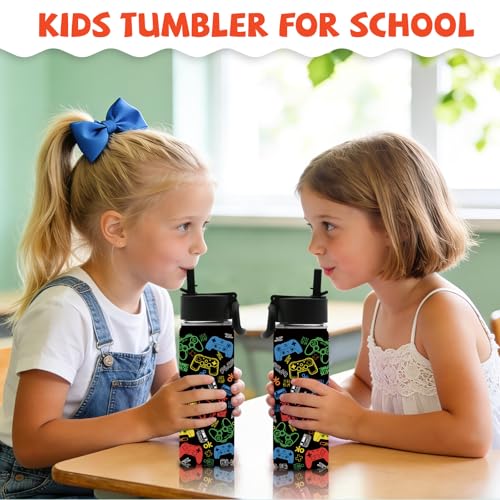 Gamer Gifts for Boys Kids - 18oz Gaming Water Bottle Stainless Steel, Insulated Straw Lid Leak Proof, BPA Free Metal Thermos for Teen Boys Girls, Video Game Party Favors Travel School（Game2） - color: Game2
