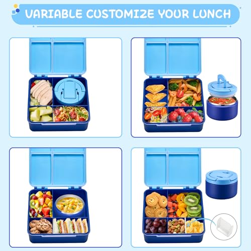 MAXSO Bento Lunch Box Set for Kids with 8 oz Soup Thermo, Leakproof Hot Food Container with 4 Compartments, Insulated Food Jar for Toddler Daycare Boys Girls School - Blue - color: Blue