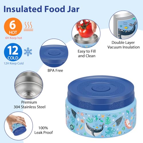 Kids Bento Lunch Box Set with 9.5oz Soup Thermo, Leak-Proof Lunch Food Containers with 3 Compartment and Removable Inner Tray, Insulated Hot Food Jar with Lunch Bag for School, Office, Sea Blue - color: Sea Blue