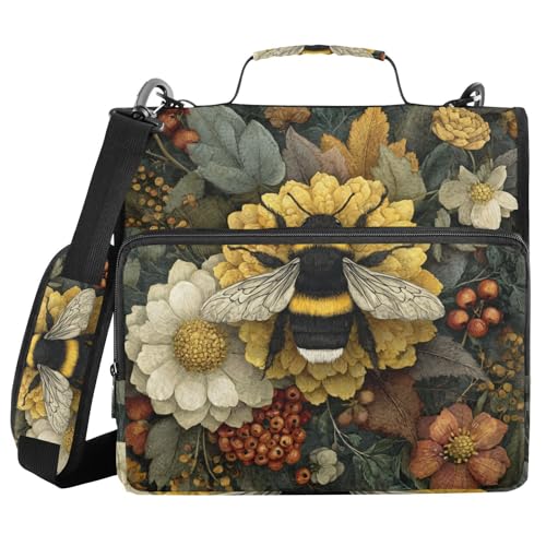 3 D-Ring 2 inch Zipper Binder Bag with Shoulder Strap, Vintage Bumblebee Flower Multi-Pocket Portfolio Organizer Case for 13 Inch Laptop Middle School