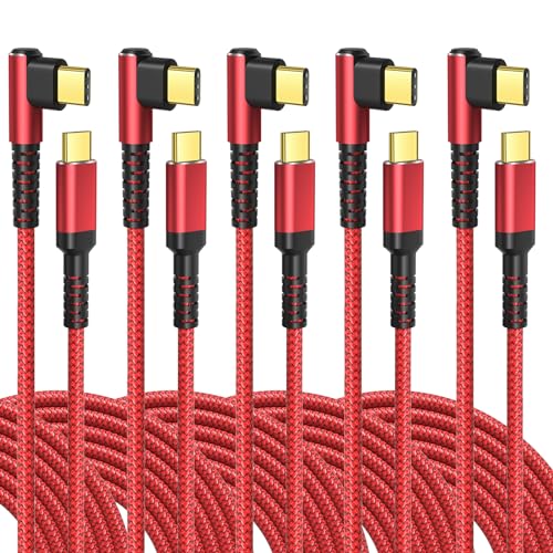 OKRAY USB C Cable 10ft, 5-Pack USB c to USB c 90 Degree Right Angle Cords | Long Braided 60W Fast Charging Type C to Type C Android Charger Cord for iPhone 17 Air 16 15, Samsung Galaxy S26 S25 S24 A16 - color: Red Red Red Red Red