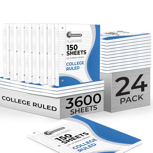 Rosmonde Bulk Loose Leaf Paper, 3600 Sheets, College Ruled, Bulk Filler Paper for Office, 8 x 10.5", 3 Hole Punched, 3 Hole Punched, 24 Pack, 150 Sheets/Pack, Bulk Notebook Sheet for School - size: 24 Pack