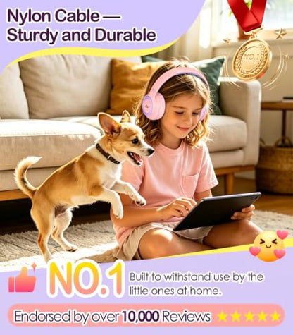 INFURTURE Kids Headphone for School with Microphone, Pink Wired Headphones | Adjustable for Boys/Girls, Soft Ear Muffs, Volume Limit, Foldable, Lightweight On-Ear Headphones for ipad/Travel/Tablet - color: Pink