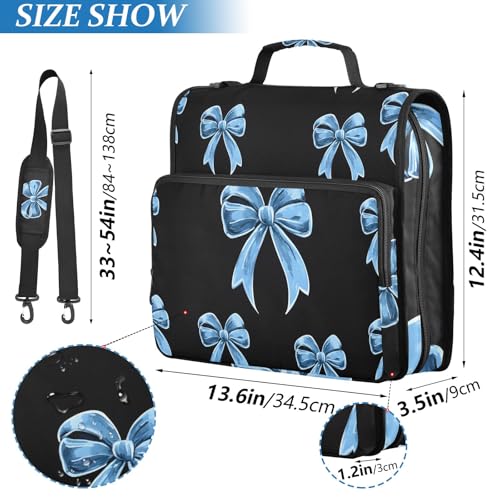 Blue Bow Print 3 Ring Zipper Binder Bag Binder Organizer with Handle Shoulder Strap for School Work Office Supplies - color: Blue Bow Print