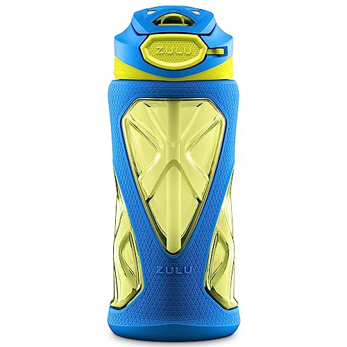 ZULU Torque 16oz Plastic Kids Water Bottle with Silicone Sleeve and Leak-Proof Locking Flip Lid, Soft Touch Carry Loop for School Backpack, Lunchbox, BPA-Free Dishwasher Safe - color: Blue, style: Single