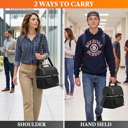 opux Insulated Lunch Bag Women Men, Dual Compartment Leakproof Lunch Box Adults Kids, Double Decker Meal Prep Bento Lunch Cooler Tote with Shoulder Strap for Work Office School Travel, Black - color: Black
