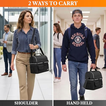 opux Insulated Lunch Bag Women Men, Dual Compartment Leakproof Lunch Box Adults Kids, Double Decker Meal Prep Bento Lunch Cooler Tote with Shoulder Strap for Work Office School Travel, Black - color: Black