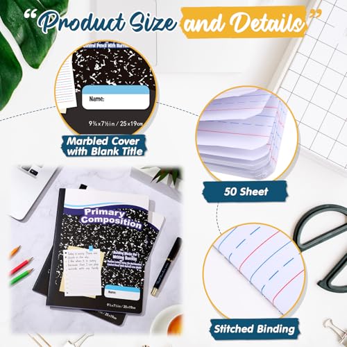 Watersay 60 Pack Primary Ruled Composition Notebook, Grade K-2 Journal 50 Sheets, 7-1/2" x 9-3/4" Primary Composition Book Writing Notebook for Kids Kindergarten Preschool 1st 2nd Grad (Black) - color: Black
