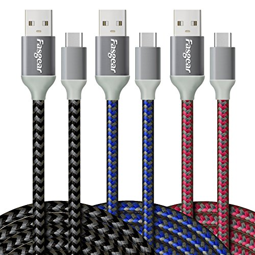 Fasgear 10ft USB-C to USB A Cables, Blue/Black/Rose, 3 Pack | 3A Fast Charging, Nylon Braided, Compatible with Galaxy S21 Note 10 S9 S8 A70 A60 A51/LG V20 G6/Moto Z/PS5 - color: Blue/Black/Rose