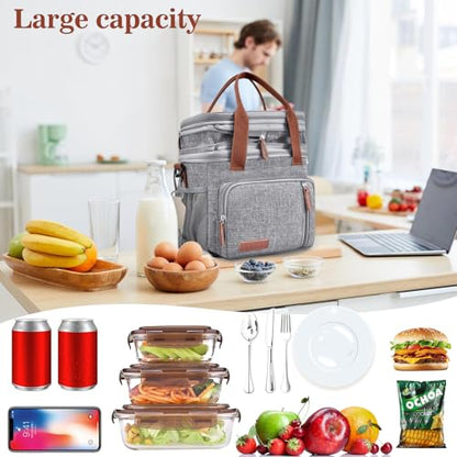 LOKASS Lunch Box & Lunch Bag for Women Men Double Deck, Large Insulated Adult Lunch Box Leakproof Lunchbox Cooler Bag for Work Picnic Beach,（Gray16L） - color: Gray 2