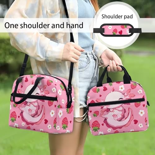 Axolotl Lunch Box for Kids Boys 4-6 Strawberry One Piece Lunch Box for Girls 6-8 Preppy Meal Bag for Boys 8-10 Preschool Kindergarten Toddler Elementary School Adjustable Shoulder Strap - color: Strawberry Axolotl