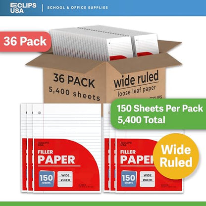 Wide Ruled Loose Leaf Paper Wide Ruled Notebook Paper Lined Writing Filler Paper 10.5” x 8” 56 gsm 5400 Sheets 150 Sheet Per Pack (36 Pack) - size: 36 Pack