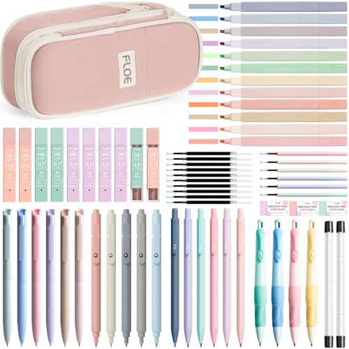 65PCS Aesthetic School Supplies Back to School Supplies Cute Stationary Set | College Essentials Kit with Pencil Case, Pastel Highlighters Gel Pens Mechanical Pencil Set 0.5 0.7 & 2.0mm for Student Girls - color: Pink