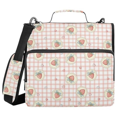 Zipper Binder Bag 3 Ring File Folder Portfolio Organizer Zippered Binder Bags with Strap Fits Laptop Women Men - color: 14strawberry Heart Gingham