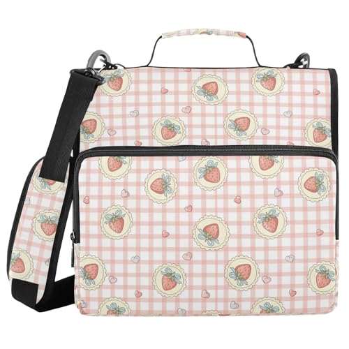 Zipper Binder Bag 3 Ring File Folder Portfolio Organizer Zippered Binder Bags with Strap Fits Laptop Women Men - color: 14strawberry Heart Gingham