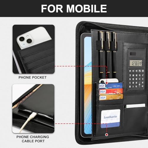 Leathario Portfolio Binder, Includes 10 Sheet Protectors and a Pen, 13 Inch Tablets Organizer, Vegan Leather A4 Padfolio, Multi-Pocket Notepad Business Planner Professional 3 Ring Document - color: Black-3 Ring