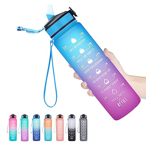 Hyeta Water Bottle with Straw & Time Marker, Plastic 32oz Leakproof | Motivational Tritan BPA Free Gym Office Outdoor Intake Tracker Hourly Reminder Straw Lid Carry Strap - color: Starsky