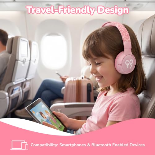 Kids Safe Wireless Light Up Headphones, Foldable Tangle-Free 3.5mm Jack, Volume Limiting 85/94dB, Over-Ear with Microphone for School/Toddlers/Teens/Boys/Girls/Ipad/Tablet/Kindle/Phones/Travel/Plane - color: Pink