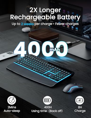 SABLUTE Wireless Keyboard and Mouse Combo, Rechargeable 4000mAh Light up Quiet Keyboard with Wrist Rest & Phone Holder, Ergonomic Silent Typing for PC/Mac/Laptop/Windows/Chrome OS