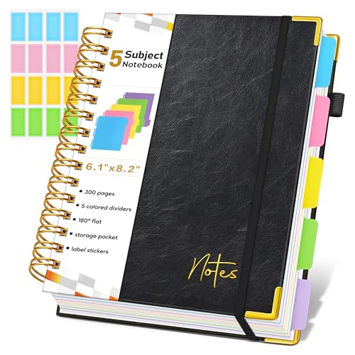 Spiral Notebook Journal with Removable Dividers Tabs, 300 Pages Hardcover Leather 5 Subject College Ruled Notebook, 6.1"x8.2" Large A5 Lined Journal for Women Men Spiral Notebook for Work School,Black - color: Black, size: A5