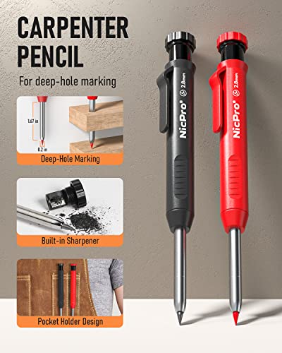 Nicpro 11 Pack Carpenter Pencil Set with Sharpener, Mechanical Carpenter Pencils with 40 Refill, Automatic Center Punch and Carbide Scribe Tool, Heavy Duty Construction Pencil for Architect-With Case - size: 15 Pack