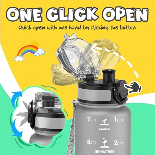 OLDLEY Kids Water Bottle for School, 17 oz (2 lids) BPA-Free Reusable Leak-proof Durable Tritan Plastic Water Bottles with Straw & Chug Lids, Anti-dust Spout Cover (Grey) - color: Grey, size: 16.9 Ounces