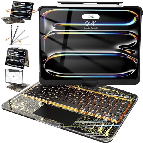 Intermerge Case with Keyboard for iPad Pro 11 M5/M4 2025/2024, Transparent | 360 swivel, multi-touch trackpad, 7-color RGB backlit keys, Pencil holder, Type-C charging, power indicator - color: Shadow Pulse, size: Pro 11" (m5,m4)ONLY