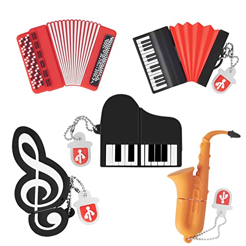 5 x 8GB Cute Music USB Flash Drive, Accordion*2/Saxophone/Piano/Notes Shape Musical Instruments Thumb Drive Memory Stick Drive Pendrive Gift for Kids, Teacher, Friends - color: Accordion*2/Saxophone/Piano/Notes, size: 8GB