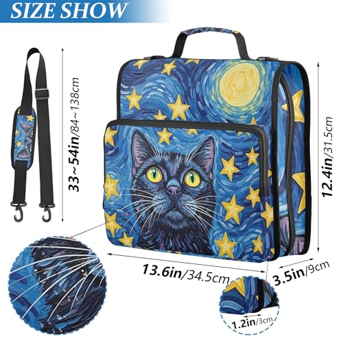 Starry Night Cat Zipper Binder with Shoulder Strap, 500 Sheets Capacity, Multiple Pockets 1.5Inch 3 Ring Zipper Binder - color: Starry Night Cat