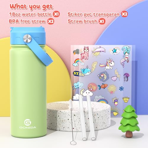 GoKEDA 18oz Kids Water Bottle, Stainless Steel Straw Cup | DIY Stickers, BPA-Free, 316 Stainless Steel, Keeps Cold 24h, Leak-proof, Dust-Proof Lid, Sturdy, School, Gifts - color: Blue Green