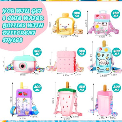 Patelai 8 Pcs Cute Water Bottles with Straw Kawaii Watermelon Ice Cream Cups Leak Proof Drinking Bottles with Adjustable Shoulder Strap for Sports Travel Camping(Stylish Style) - style: Stylish Style