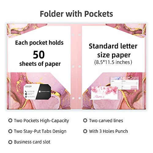 Ospelelf Folders with Pockets, Waterproof Plastic Folder with Two Fixed Corner Tabs and 2 Pockets Includes Business Card Slot, Includes Sticker, Fits 3 Ring Binder Holds 11" x 8.5", 6-Pack - color: Marble