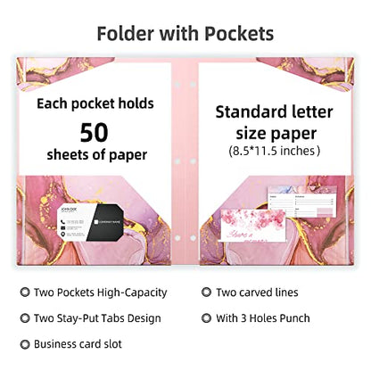 Ospelelf Folders with Pockets, Waterproof Plastic Folder with Two Fixed Corner Tabs and 2 Pockets Includes Business Card Slot, Includes Sticker, Fits 3 Ring Binder Holds 11" x 8.5", 6-Pack - color: Marble