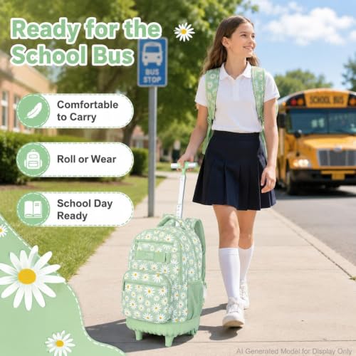 gxtvo Wheeled Backpack for Girls, Women Rolling Bookbag with Lunch Box for Adults, Water Resistant Roller School Bag for College Teens Kids Travel - Flower Cyan - color: Rolling Backpack Chrysanthemum Green